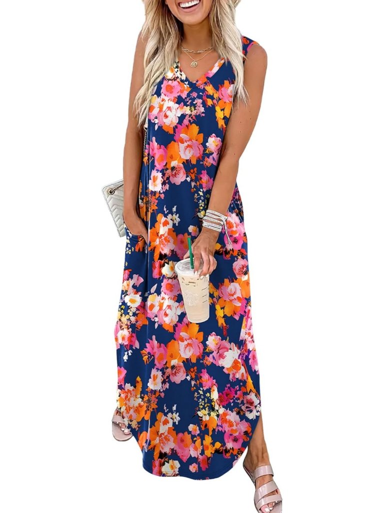 Women's Floral Navy Blue Summer Maxi Dress Beach Sundress With Pocket